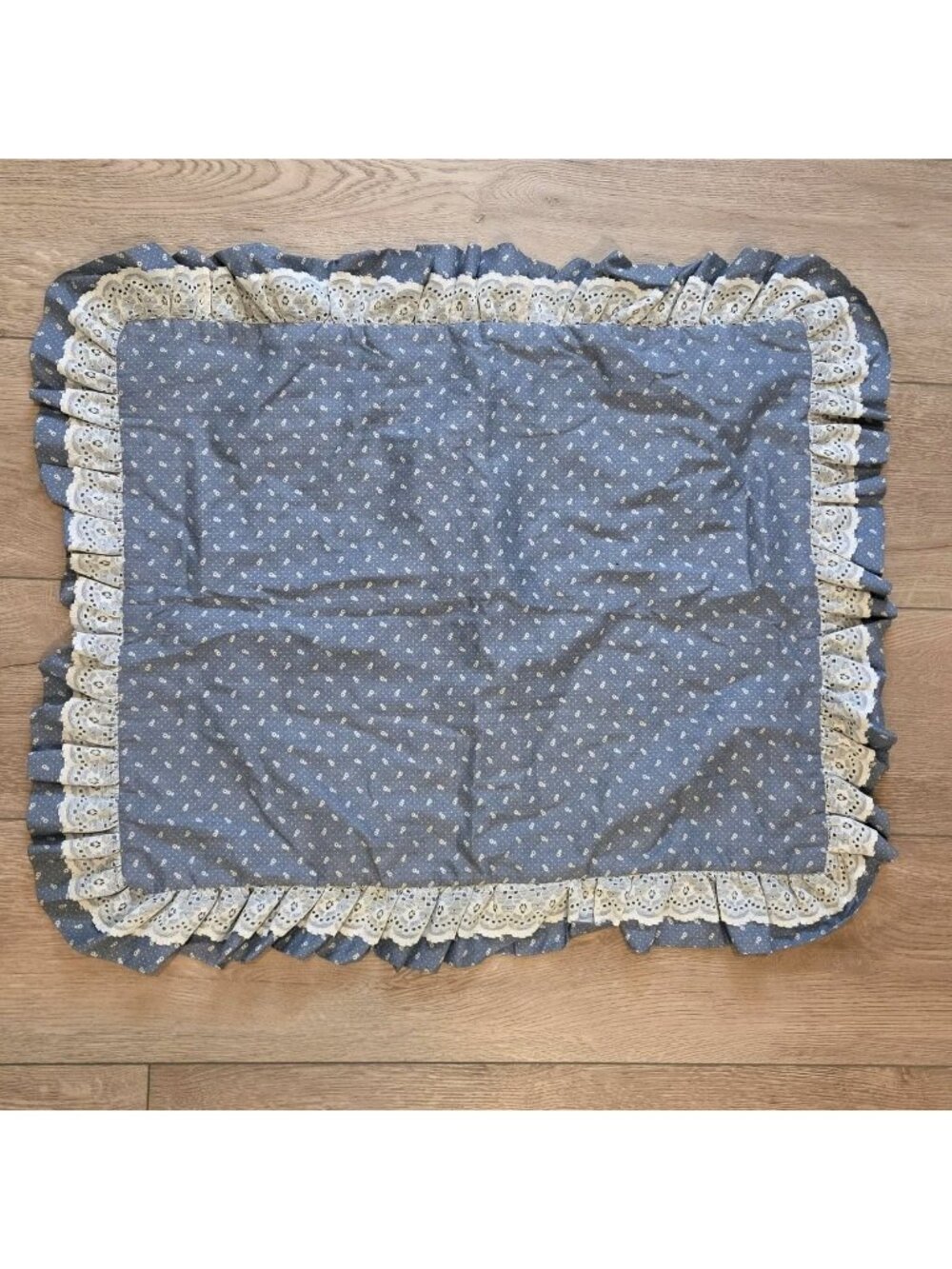 Blue Floral Cream Lace Ruffled Standard Pillow Sham Country Cottage Farmhouse